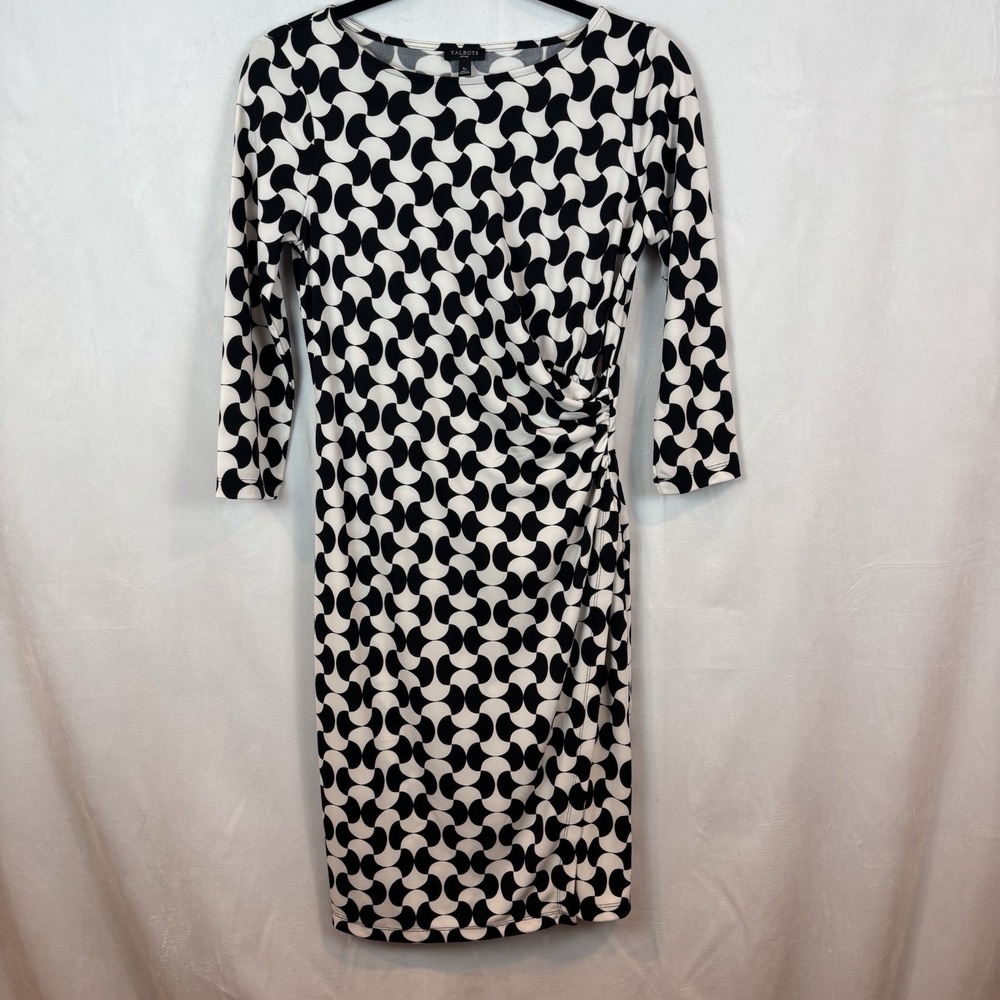 Talbots Womens Black White Geometric 3/4 sleeve‎ faux wrap dress sz small petite